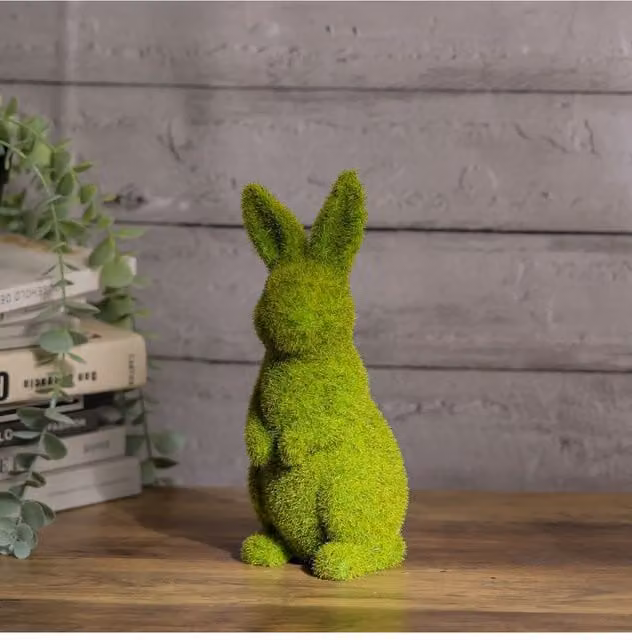 Living and Home Flocked Standing Rabbit Garden Ornament in Green Resin for Outdoor Decor – 1