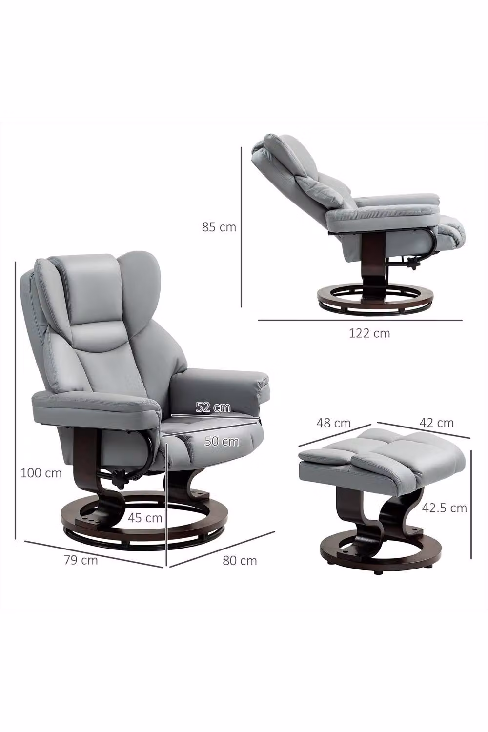 ERGOVEXA 360 Swivel Recliner Chair with Ottoman in Light Grey Synthetic Leather – 2