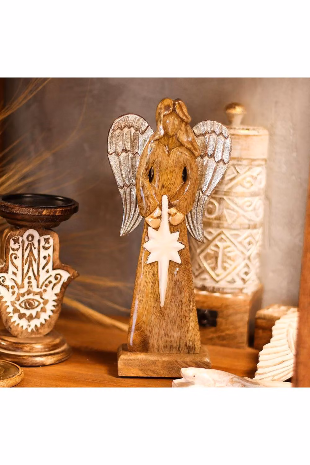 KDMD Large Mango Wood Angel Decoration with Metal Wings and Enamel Star in Brown, Silver and White – 2