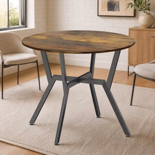 STILVORA Round Modern Dining Table with Metal X-Frame in Brown, W: 90 cm, D: 90 cm, H: 76 cm