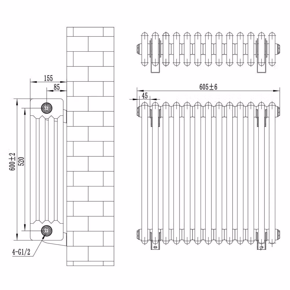 Monstershop Traditional 4 Column Steel Radiator and Valves in Anthracite Grey, H: 60.0 cm x W: 60.5 cm x D: 6.0 cm – 5