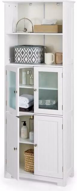 Costway White Freestanding Bathroom Storage Cabinet with Internal Shelves and Hinged Doors, Height: 163 cm