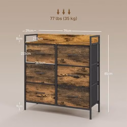 HOMCOM Industrial Chest of Drawers with 6 Fabric Drawers and Open Shelves, Brown – 3