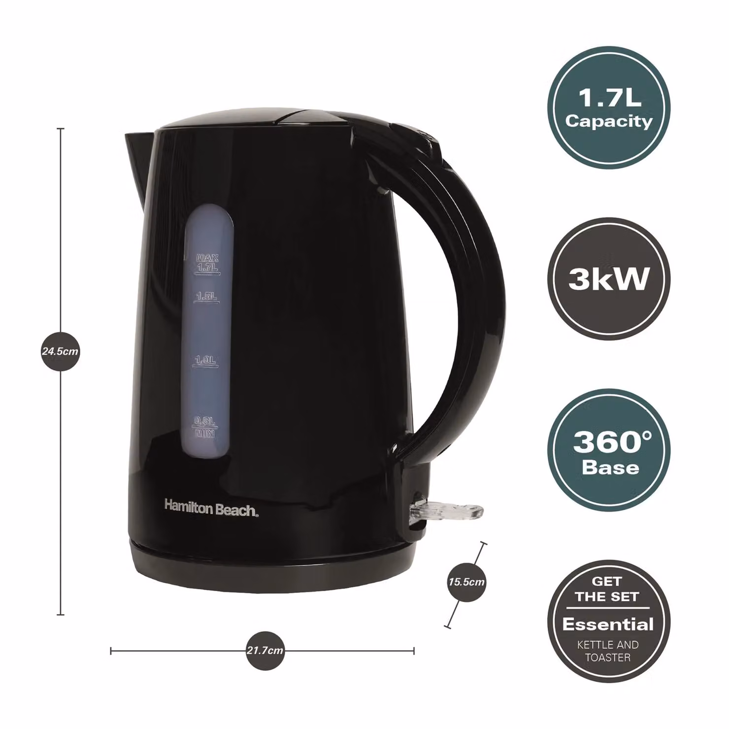 Hamilton Beach Essentials 1.7L Rapid Boil Electric Kettle in Black – 6