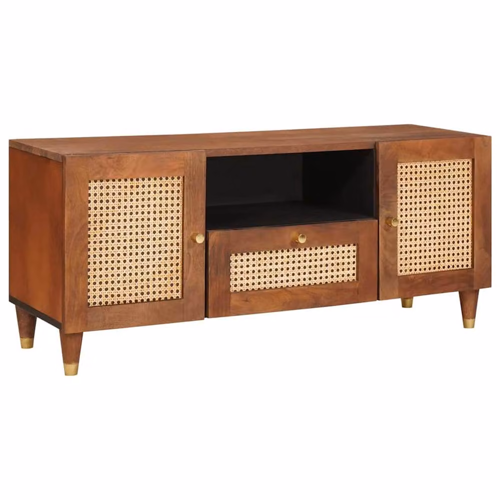 Berkfield Brown Cane and Solid Mango Wood Home Media Storage Cabinet – 2