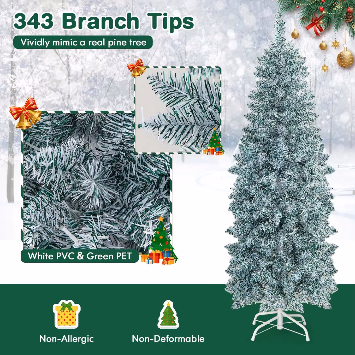 Gymax 5ft Slim Pre-Lit Artificial Christmas Tree with 343 Tips and 190 Colourful LED Lights in Green – 3