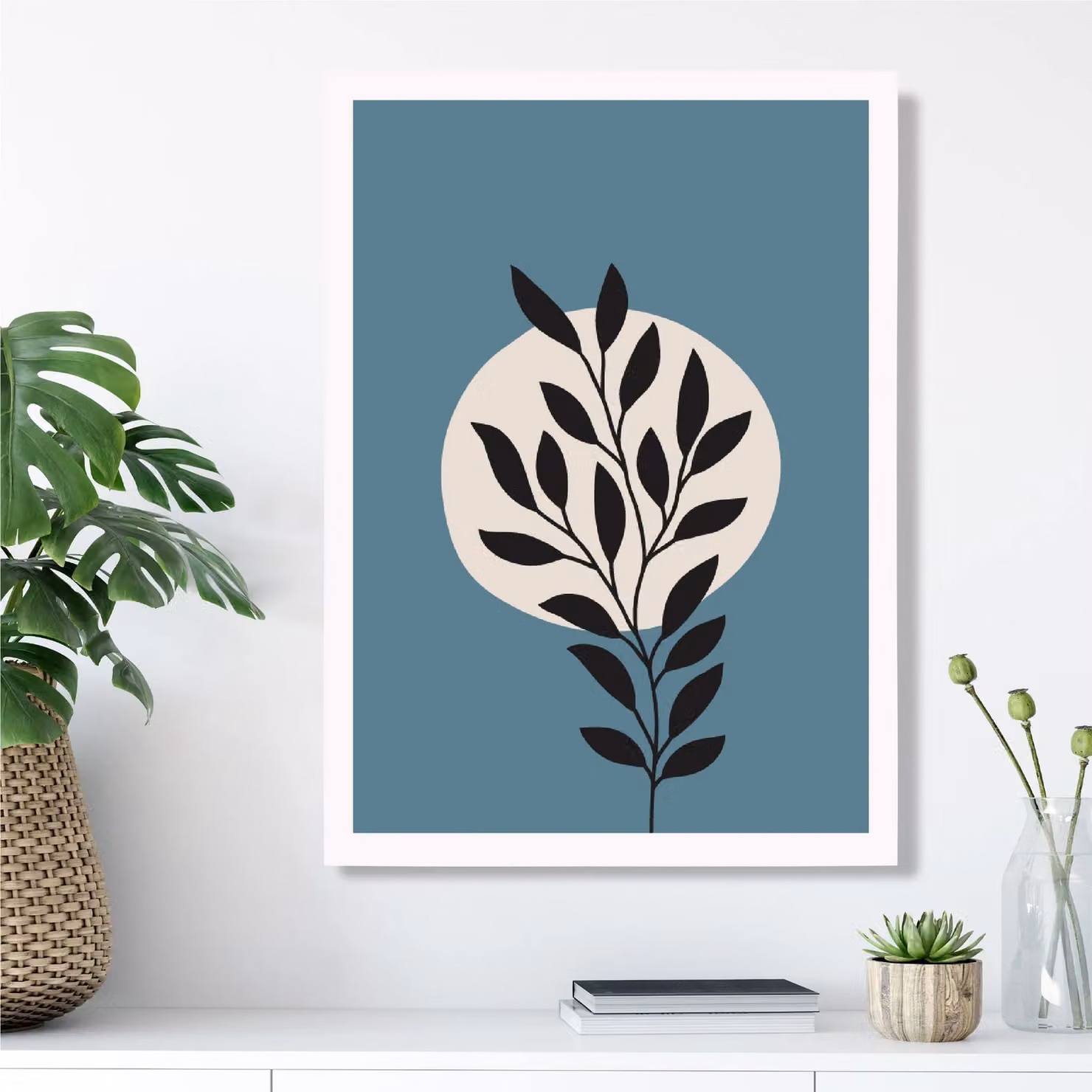 ARTZE Boho Graphical Floral Framed Print in Blue, Beige and White – 2