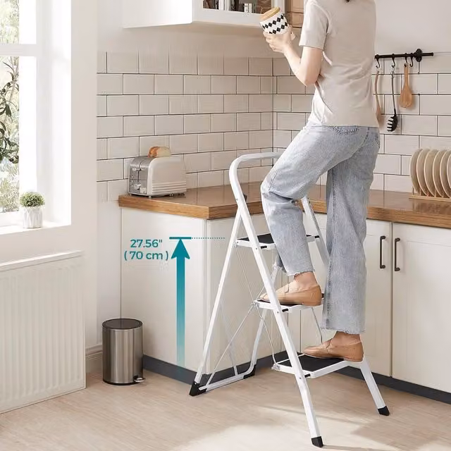 SONGMICS 3-Step Folding Steel Step Ladder with Safety Lock and Rubber Feet, White