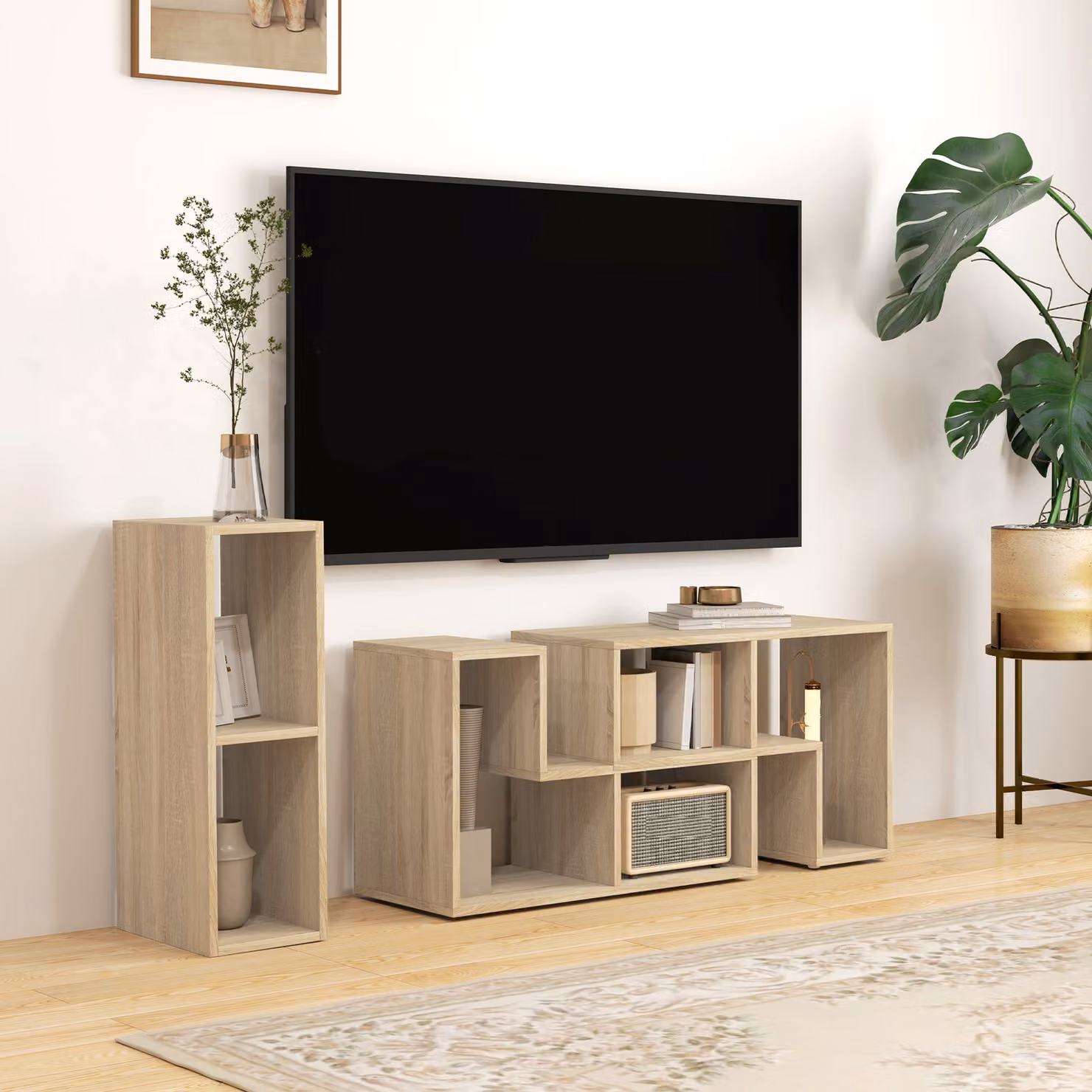 HOMCOM Extendable Grey Oak TV Stand for TVs up to 75 Inches with Storage Shelves – 2