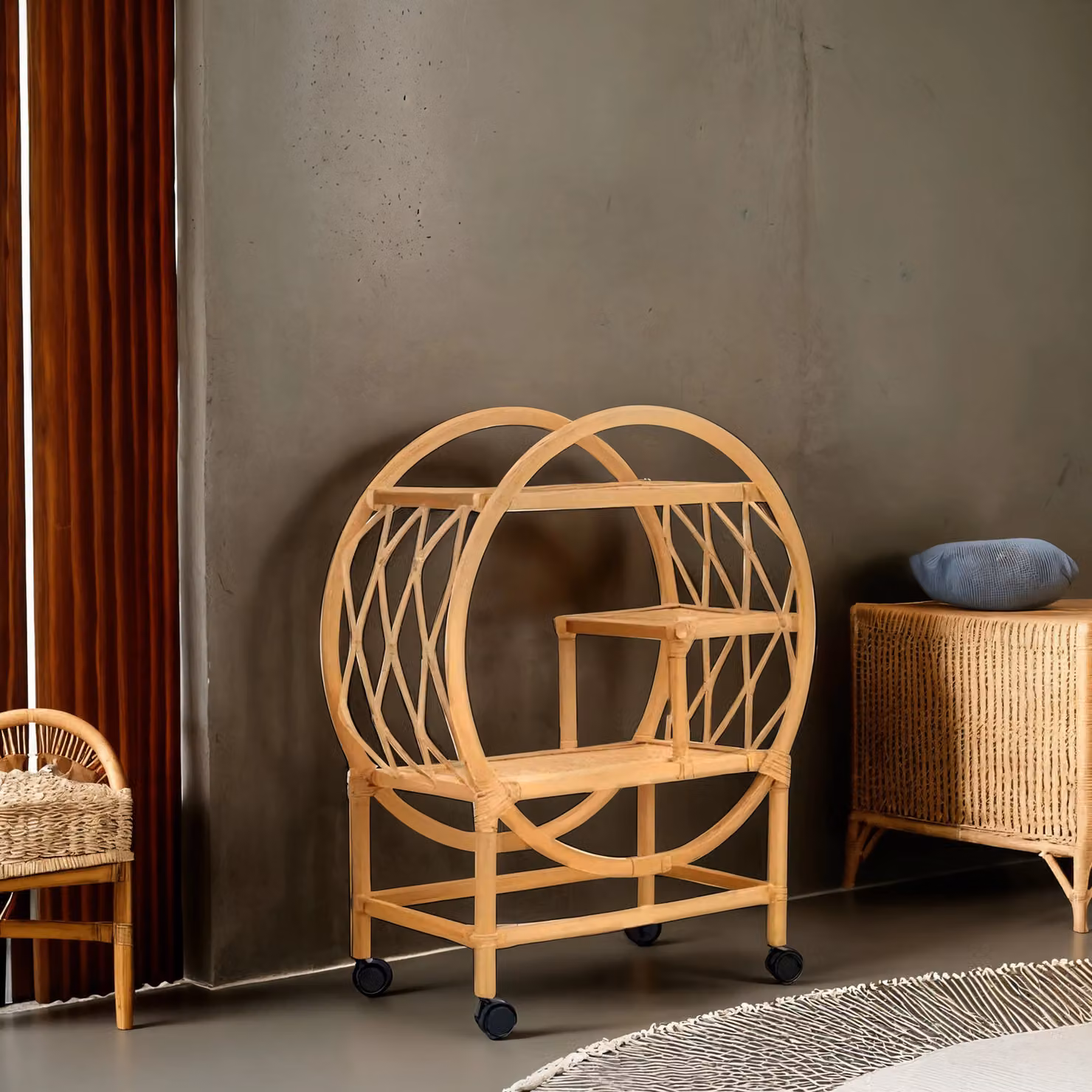Orsina Rattan Bar Trolley in Brown with Castors, H 77 cm x W 65 cm x D 32 cm – 2