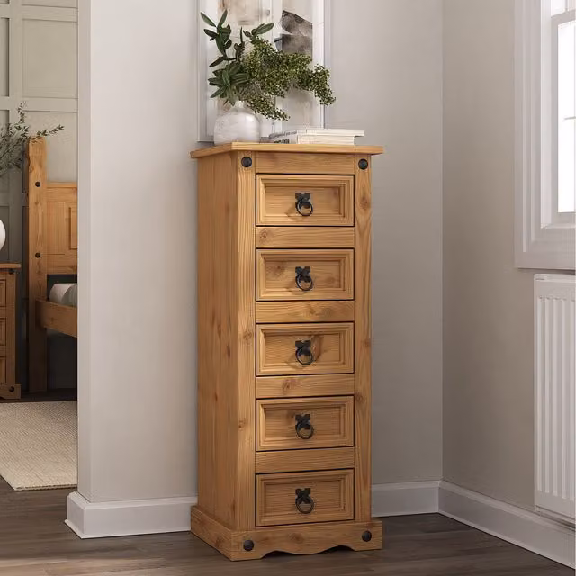 Mews Rustic Waxed Pine 5 Drawer Chest of Drawers in Brown and Black