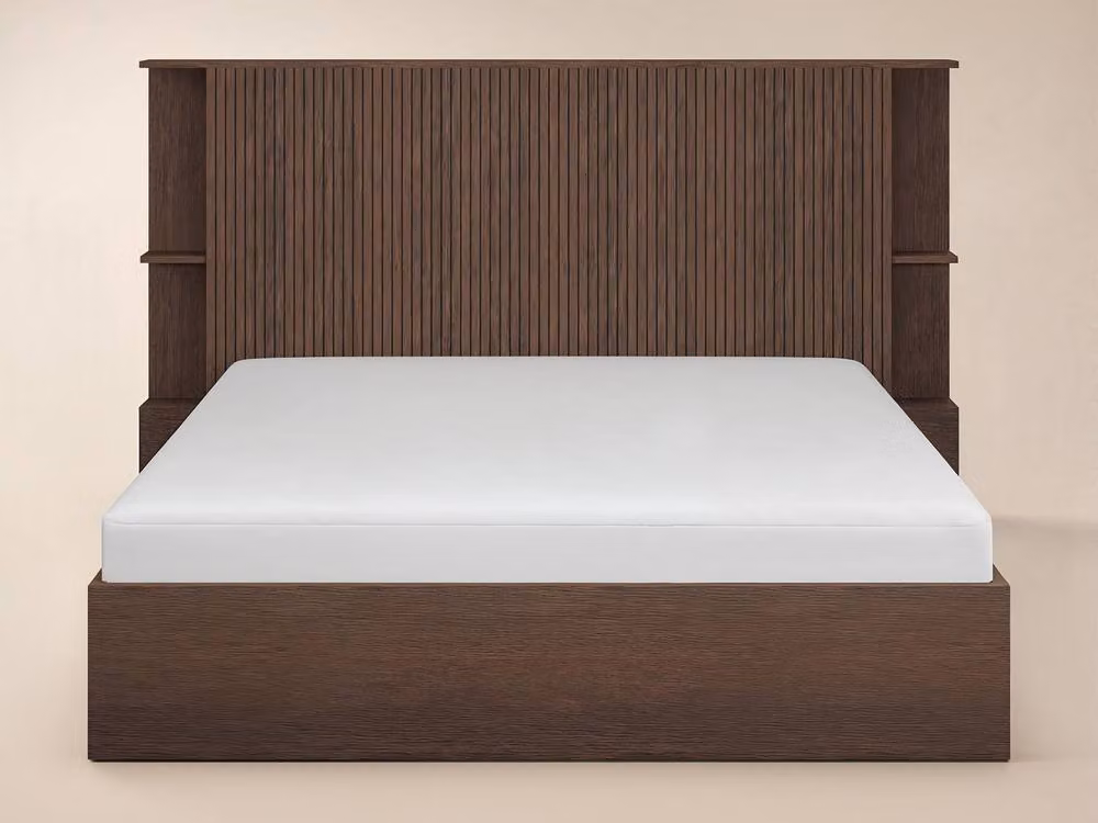 Solace+Co Zora Ottoman Bed with Headboard Shelves in Walnut Brown, W/D/H: 140 x 200 cm – 5