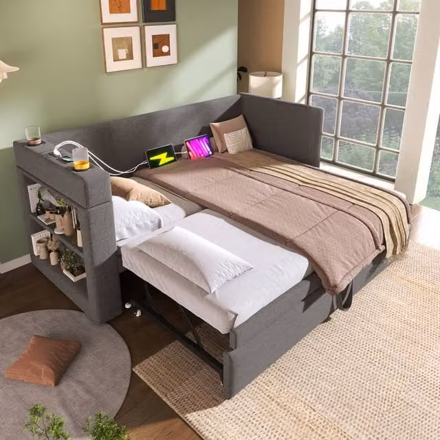 Merax Upholstered Single Trundle Daybed in Grey with USB Charging Port and Side Compartments W/D/H: 90 x 190 cm