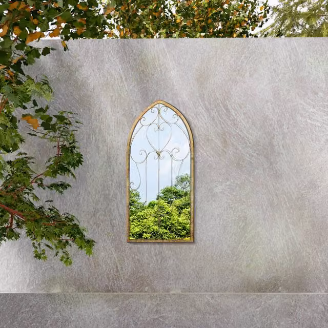 MirrorOutlet Kirkby Metal Arch Shaped Window Garden Mirror in Brown