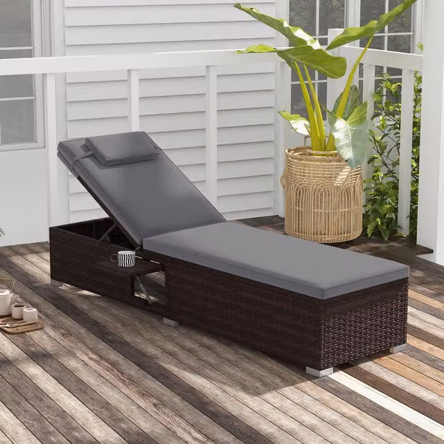 COSTWAY Grey Polyrattan Outdoor Lounge Chair with 6-Level Backrest and UV-Resistant Cushions