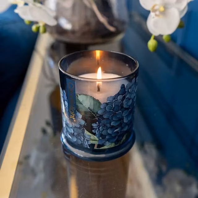 Madison & Mayfair Large Hydrangea & Jasmine Lidded Jar Candle in Blue Glass