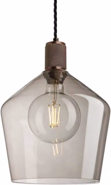 Industville Knurled Smoked Glass Schoolhouse Pendant in Bronze, Diameter: 25.4 cm