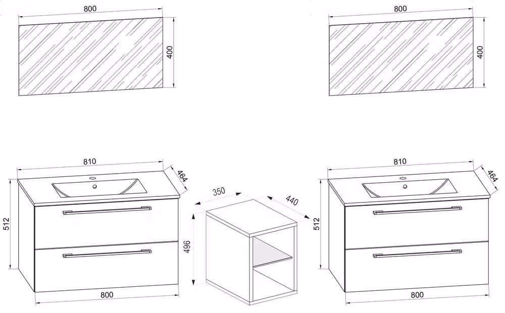 VCM Badinos XXL 3-Piece Matt Black Wall-Mounted Bathroom Vanity Unit and Mirror Cabinet Set – 3