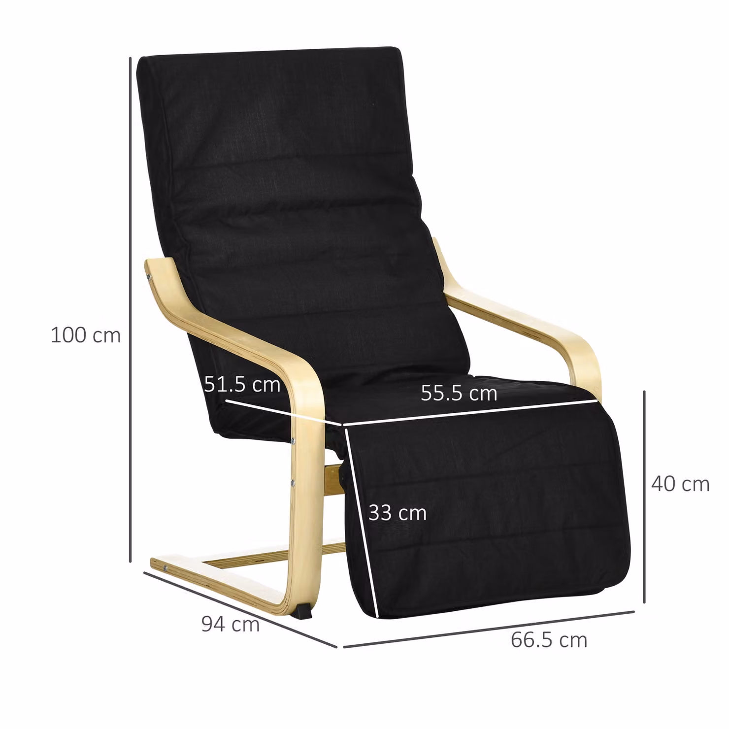 HOMCOM Modern Wooden Recliner Lounge Chair with Armrests and Adjustable Footrest in Black – 3