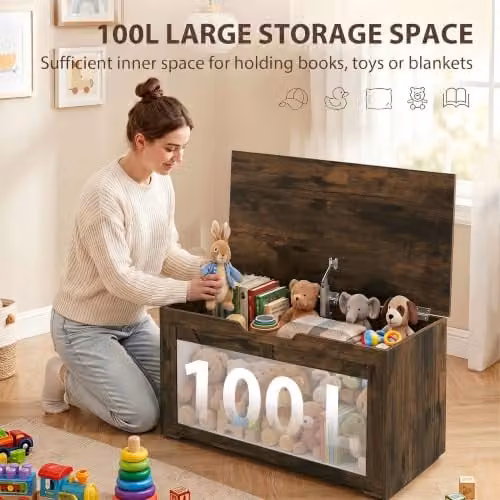 HOMCOM 100L Storage Chest with Safety Hinge in Rustic Brown, W/D/H: 80 x 40 x 45 cm – 4