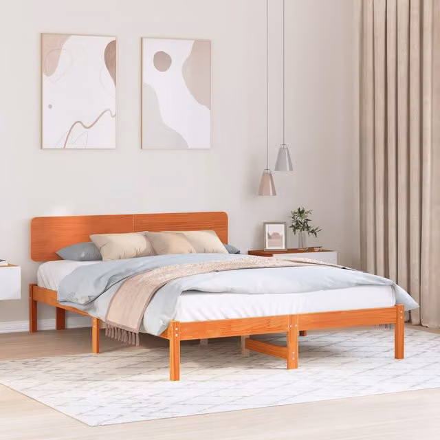 Berkfield Home Solid Pine Wood Bed Frame with Headboard in Wax Brown, W/D/H: 140 x 200 x 74 cm – 1