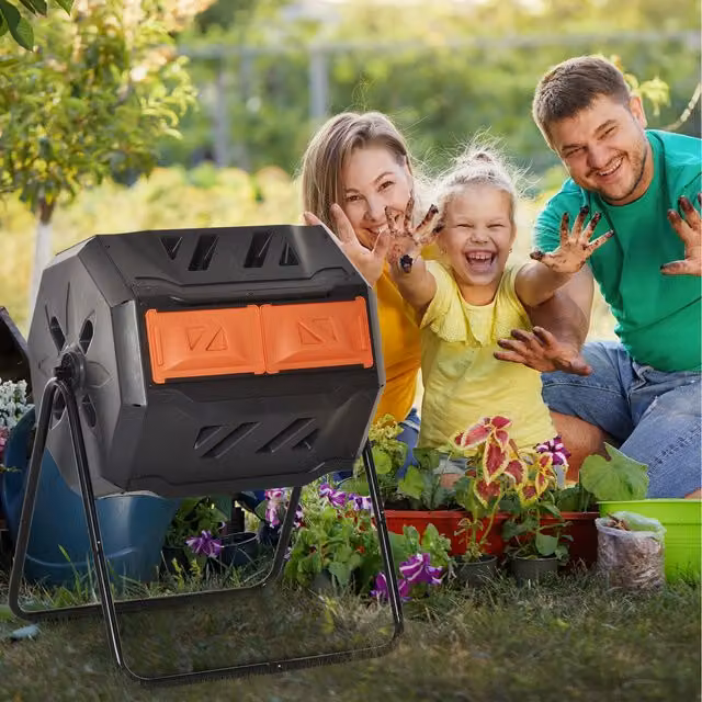 Outsunny Dual Chamber Tumbling Compost Bin for Outdoor Use, Orange