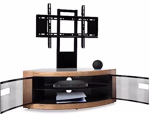 Centurion Supports PANGEA Black and Oak Beam-Thru Curved True-Corner TV Cabinet with Mounting Arm for 32-50 inch Screens W/D/H: 118 x 45 x 45 cm – 4