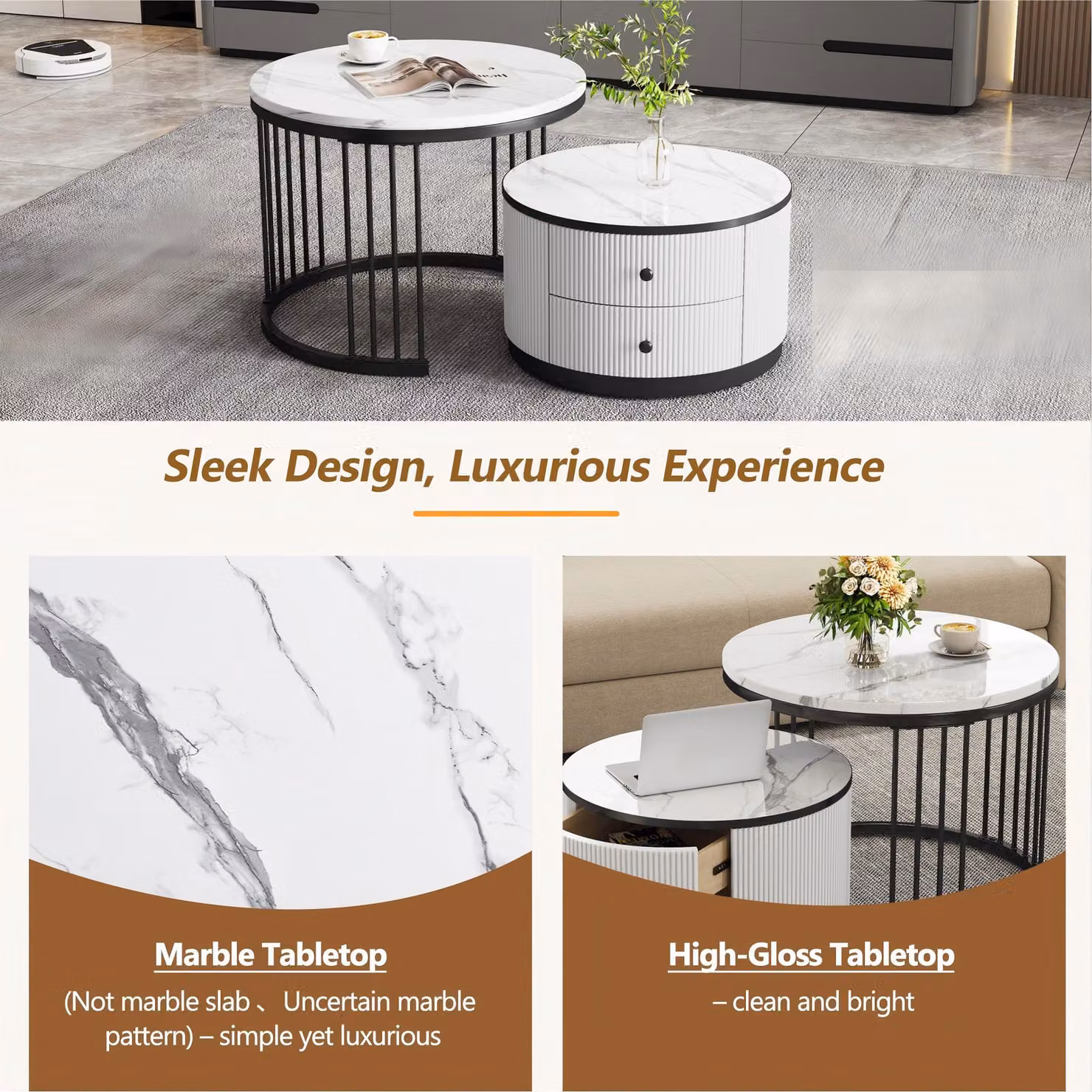 Aosom High Gloss Nesting Coffee Table Set with Marble Pattern Top and Storage Drawers, Modern Round Side Tables in White and Black – 3