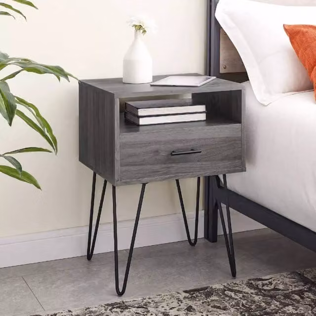 EONLION Modern Single Drawer Wood Night Stand in Dark Grey – 1