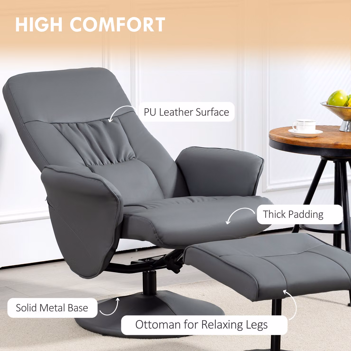 HOMCOM Grey PU Leather Swivel Recliner Chair with Ottoman and High Back – 5