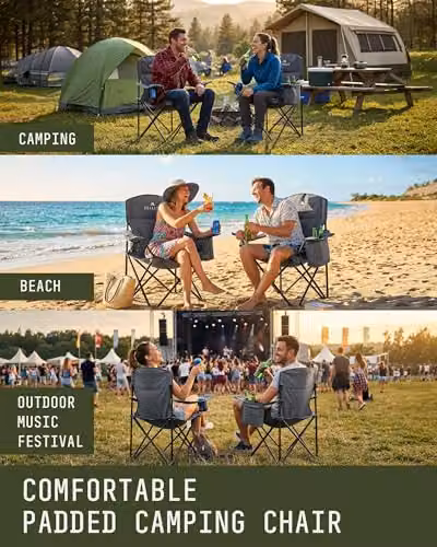 Voyager 2 Pack Folding Camping Chairs with Armrests and Cushions in Black and Grey – 6