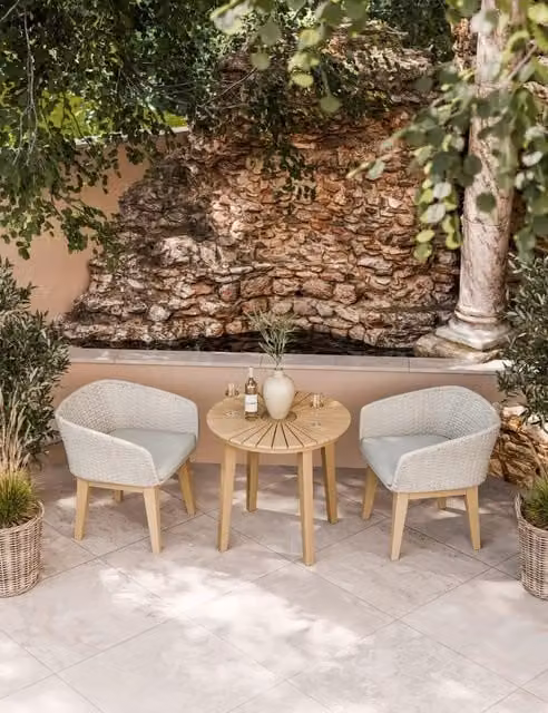 Royalcraft Roma Bistro Table and Eden Dawn Chairs Set in Natural Acacia Wood with Brown and Beige Rattan Details