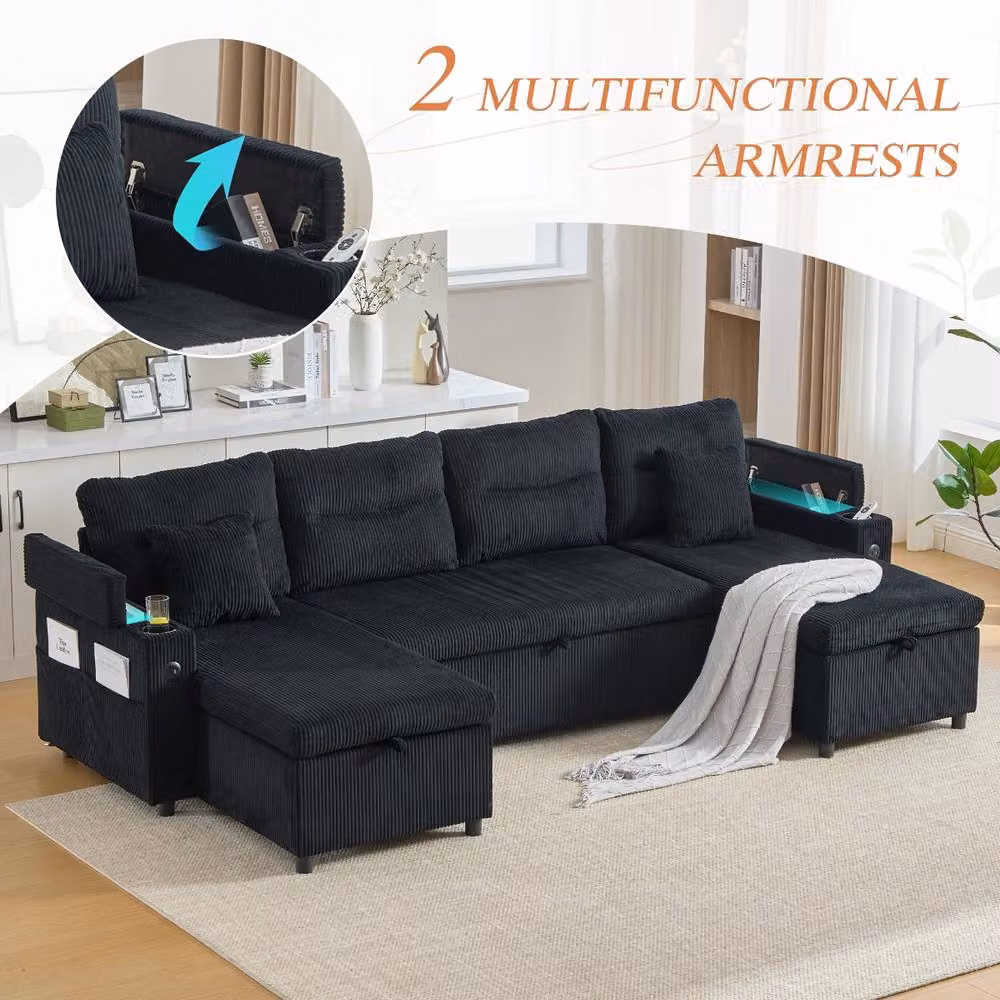 Rolipo Black 4-Seater Corduroy Sofa Bed with Reversible Dual Chaise, Storage, USB Charging and Cup Holders – 4