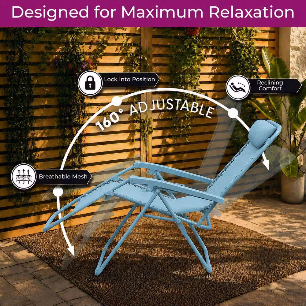 Neo Zero Gravity Recliner Garden Sun Loungers in Baby Blue with Textilene Fabric and Steel Frame – 2