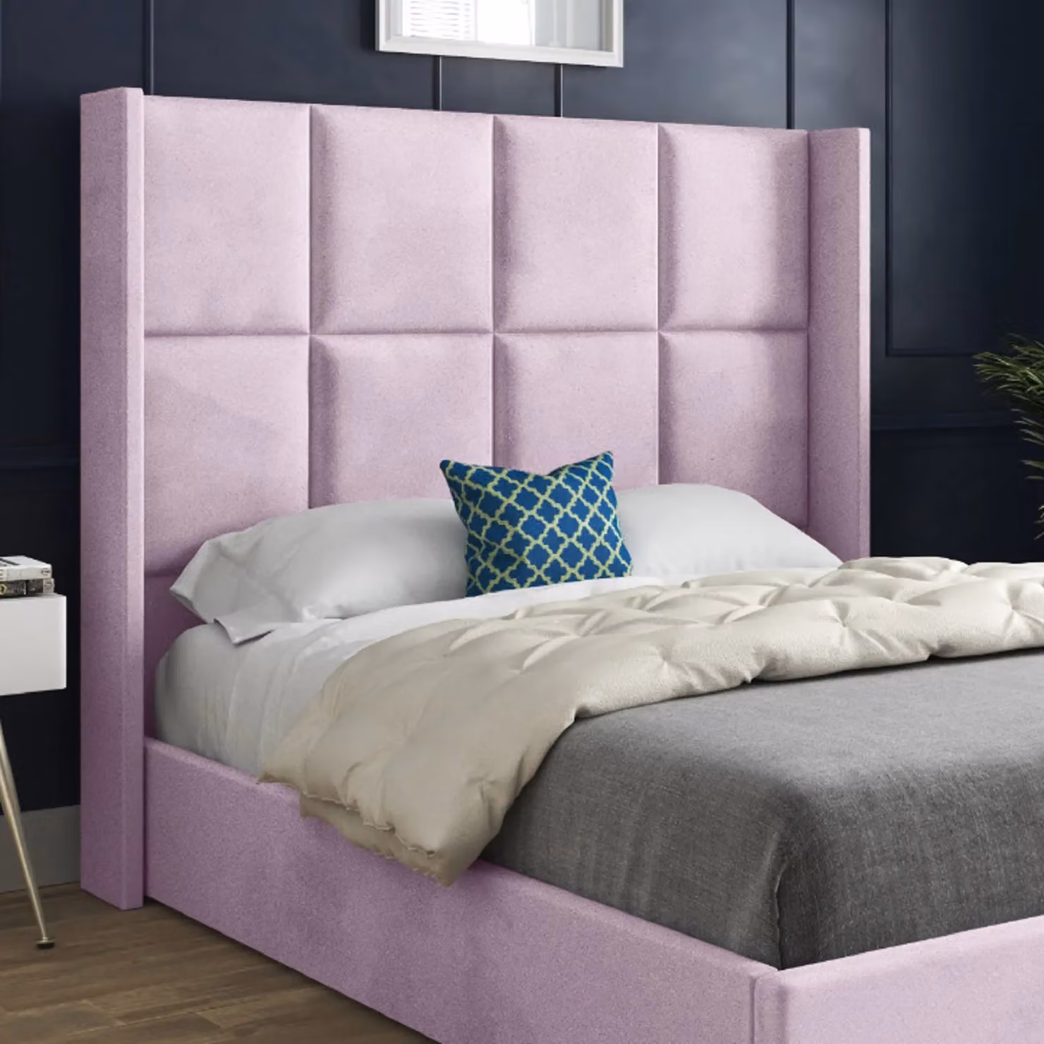 Casani Modern Upholstered Velvet Bed Frame in Pink, W/D/H: 140 x 200 cm – 3