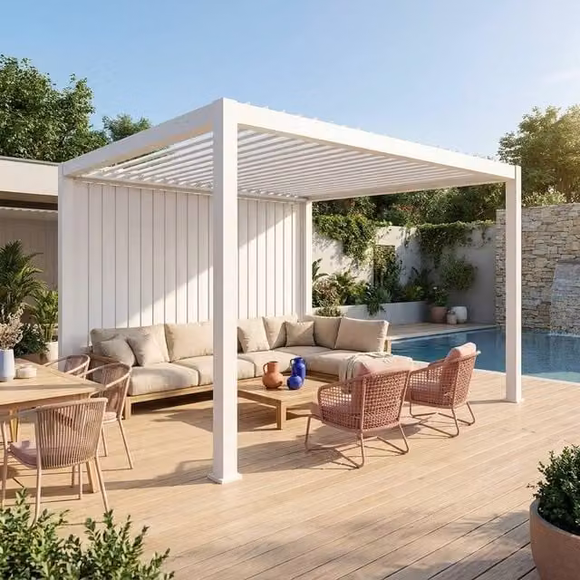 sweeek Louvered Pergola with 4m Vertical Adjustable Louver Panel, White, W: 400 cm, D: 300 cm, H: 255 cm – 1