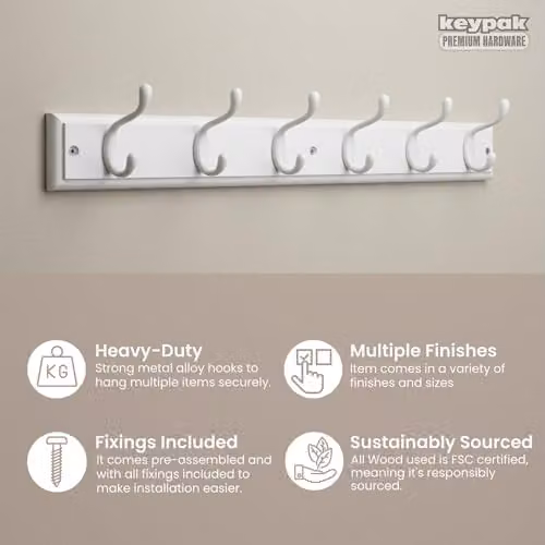 Keypak White Wooden Wall Mounted Coat Rack with 6 Hooks – 2