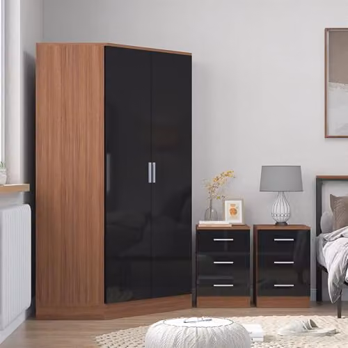 Reflect Black Gloss and Matt Walnut Bedroom Set with Corner Wardrobe and Two 3-Drawer Bedside Tables – 2