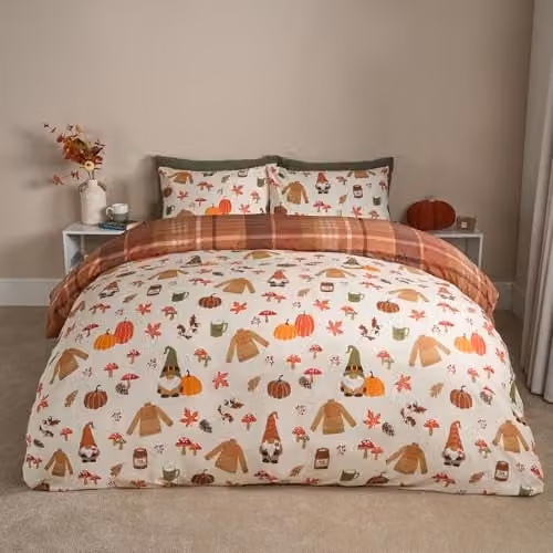 OHS Autumn Gonk Reversible Check Single Duvet Cover Set with Pillowcase in Beige and Orange, W/D/H: 135 x 200 cm – 1