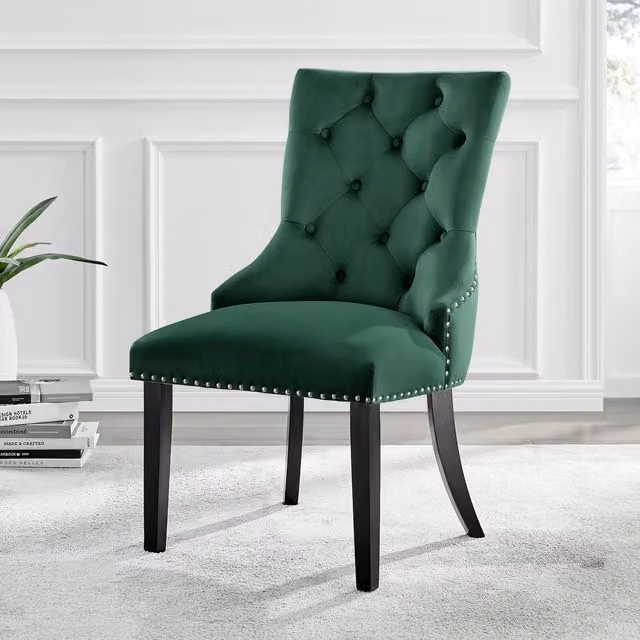 FurnitureboxUK Set of 2 Belgravia Green Velvet Dining Chairs with Chrome Knockerback and Black Powder Coated Legs
