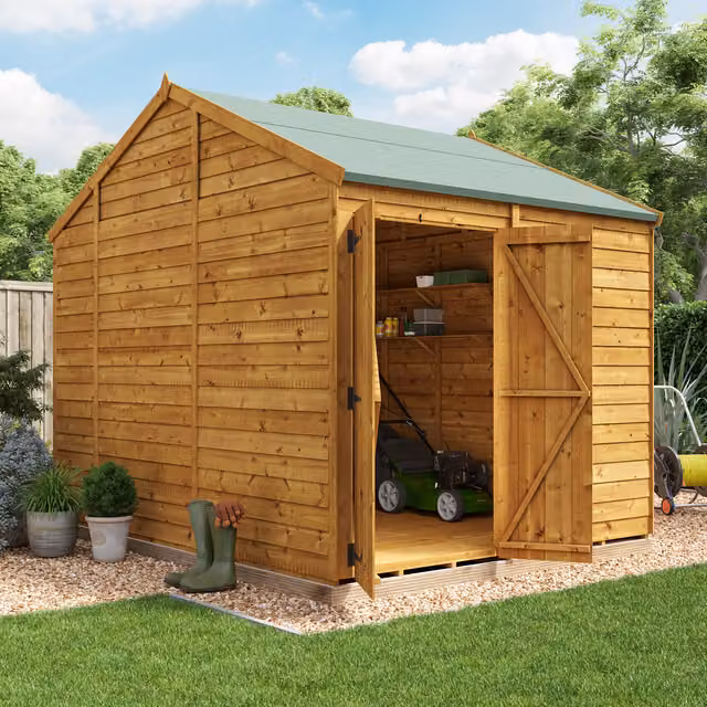 BillyOh Switch Overlap Apex Wooden Garden Shed in Brown with Double Doors and Gable Roof