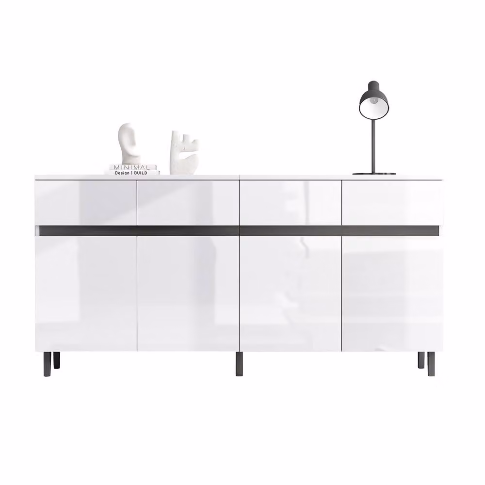 ModernLuxe White Glossy Sideboard Cabinet with 4 Drawers, 4 Doors and Adjustable Shelves, W: 160 cm, H: 68 cm, D: 40 cm – 4