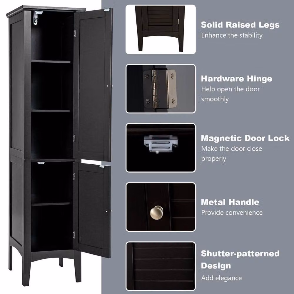KORVIXA Modern 5-Tier Black Bathroom High Cabinet Organiser with Hinged Doors and Internal Shelves, W/D/H: 100 x 100 x 100 cm – 4