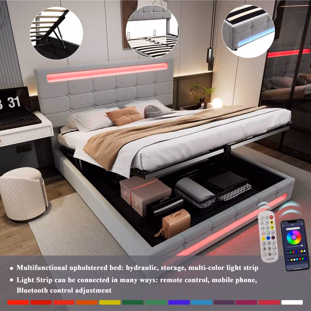 Rolipo Grey Velvet Double Bed with Hydraulic Storage and LED Under-Bed Lighting W/D/H: 135 x 190 x 123 cm – 3
