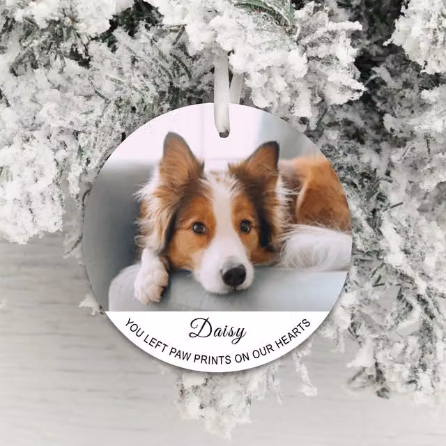 Uniqueful Personalised Paw Prints on Our Hearts Photo Upload Round White Acrylic Hanging Decoration