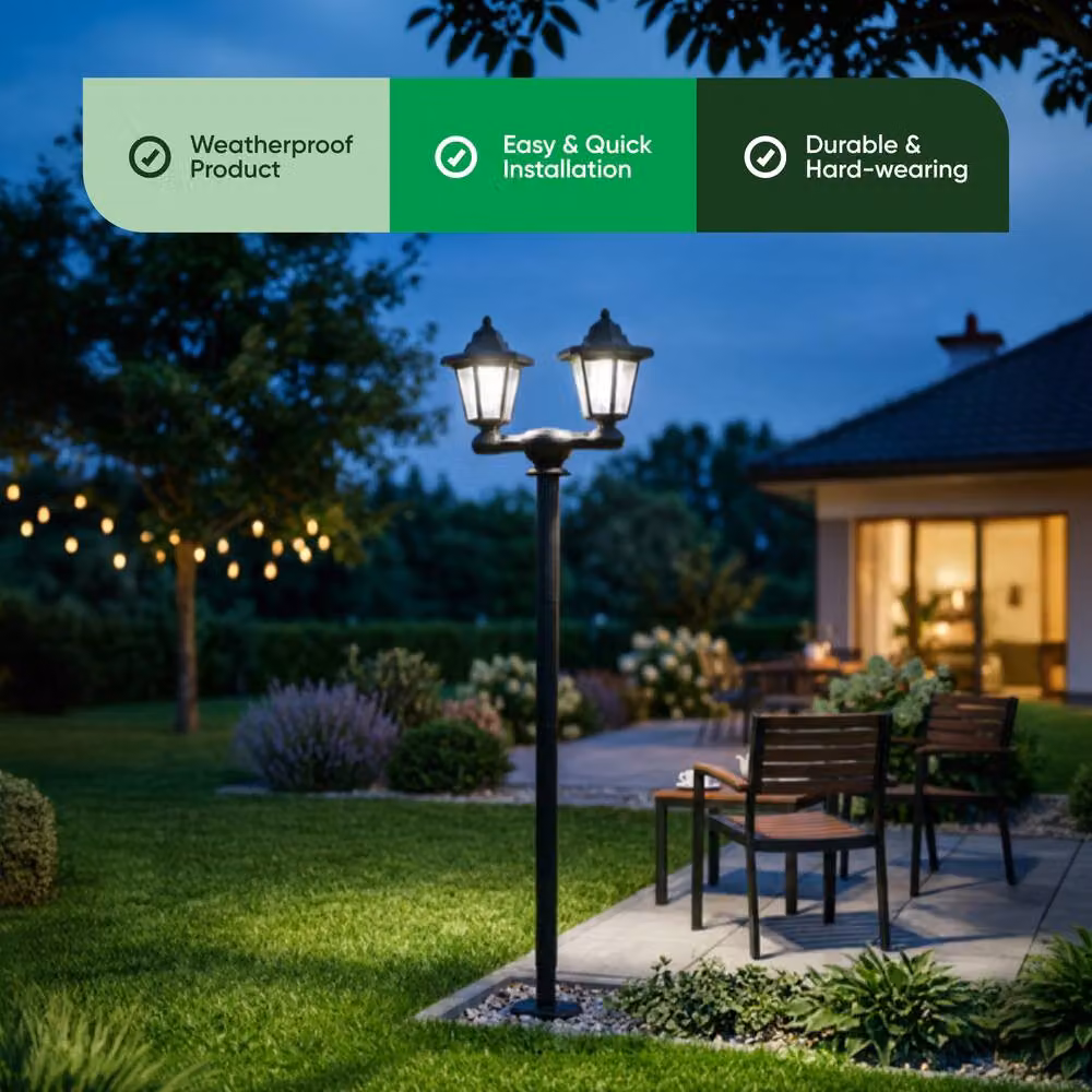 Gardenwize 3-in-1 Solar Powered Double Head LED Outdoor Garden Light in Black, Height: 150 cm – 2