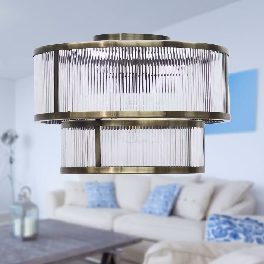 First Choice Lighting Wickham Tiered Flush Ceiling Light in Antique Brass and Bronze with Ribbed Glass Diffuser – 2