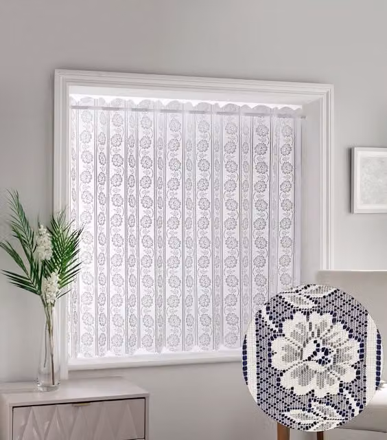Tyrone Textiles Milan White Floral Patterned Vertical Window Blind with Pleated Lace Fabric Panel, Height: 229 cm, Width: 183 cm