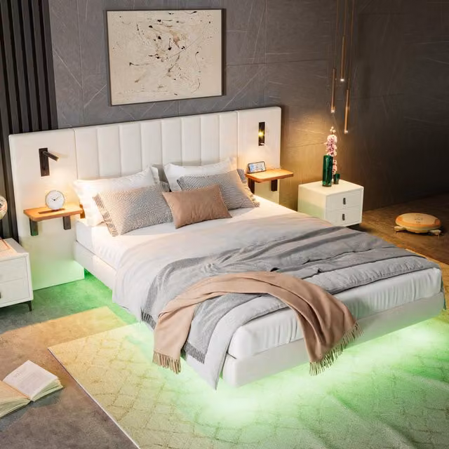 Aosom.UK White Velvet Upholstered Double Bed with Headboard, USB Charging Port, Integrated Reading Lights and Bedside Shelves, H 103.5 x W 209 x D 222 cm – 1