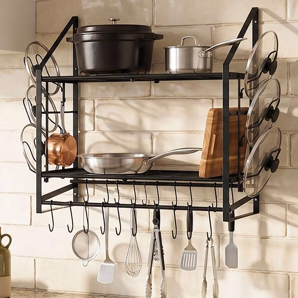 Toque Extra Long Wall Mounted 2 Tier Pot Rack and Pan Organiser in Black with 20 Movable Hooks and 6 Lid Holders, Width: 93.5 cm – 3